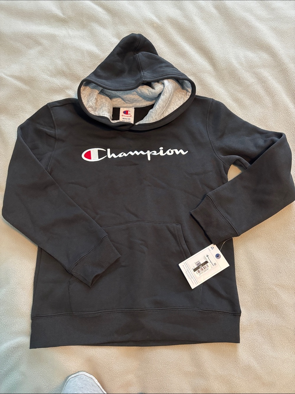 Champion Black Hoodie with White Script Logo and Red Accent